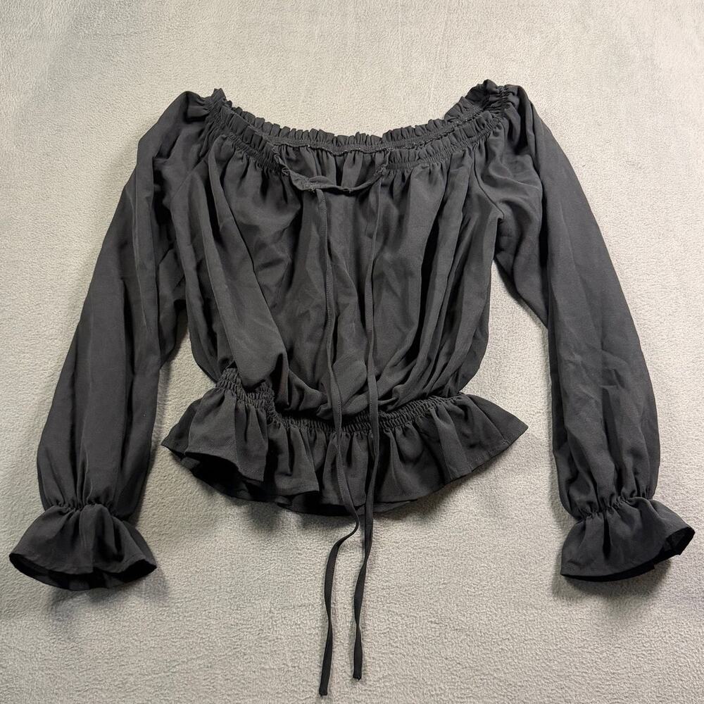 Black Off The Shoulder Long Sleeve Smocked Waist Ruffle Peplum Blouse Top Size S